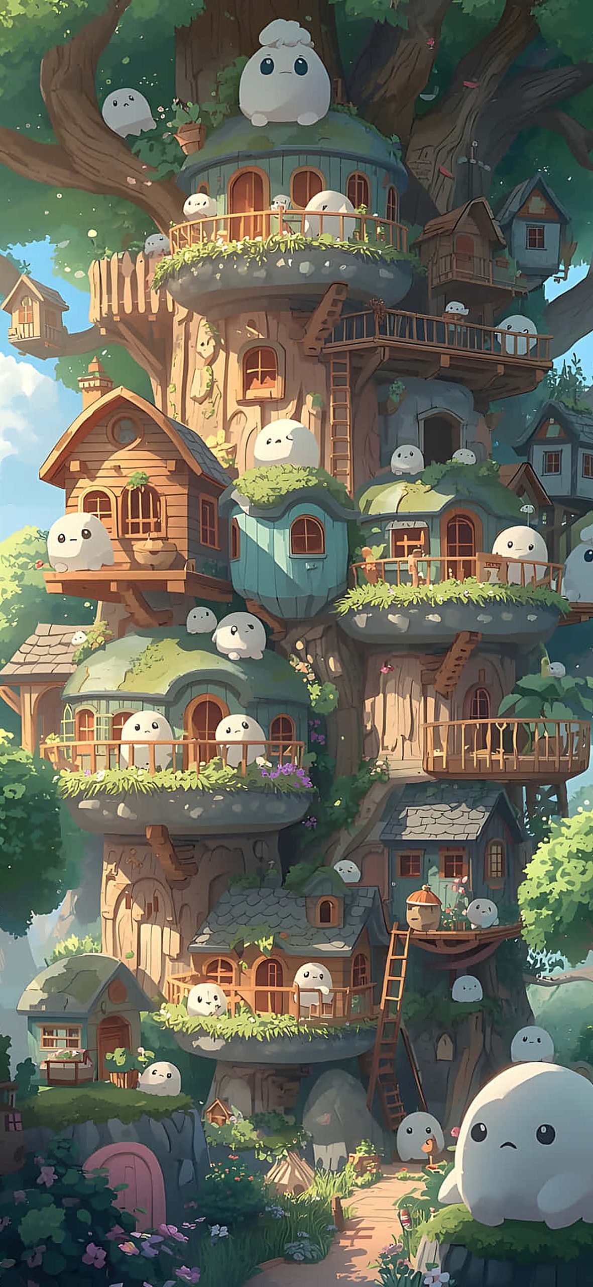Cute Little Spirits And Green Treehouse Towers – Ultra HD iPhone 17 Cute Wallpapers