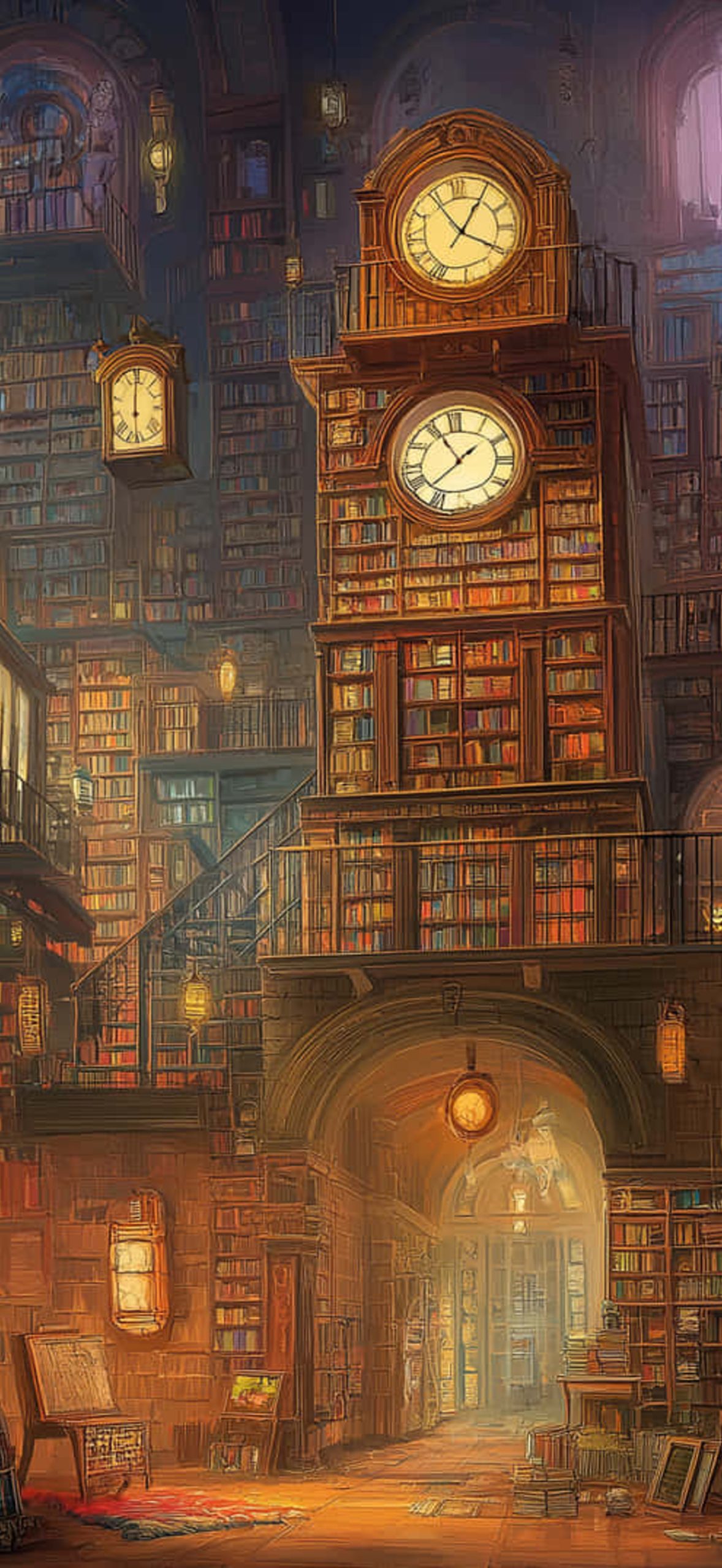 Enchanting Infinite Library With Towering Clocks And Stairs