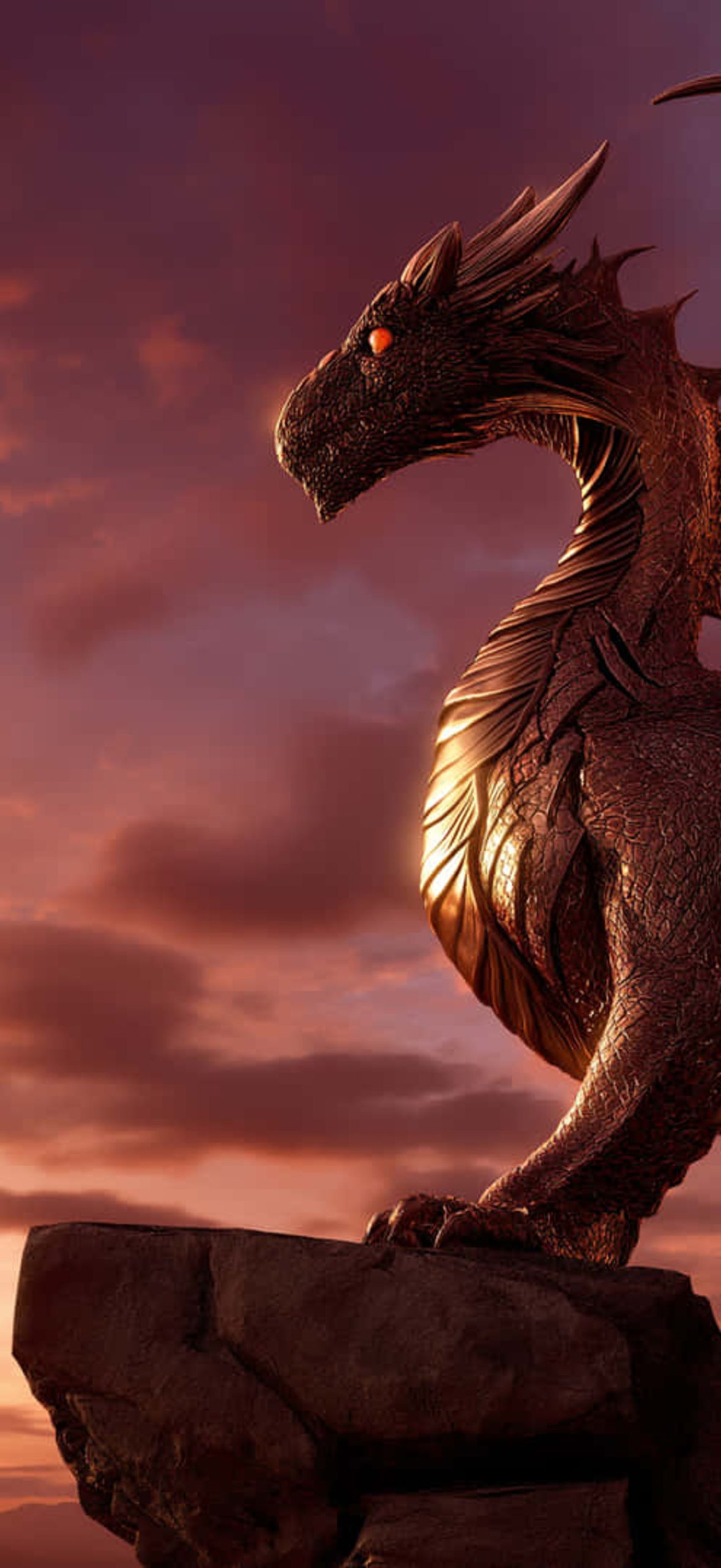 Powerful Bronze Dragon Guarding Craggy Peak At Sunset