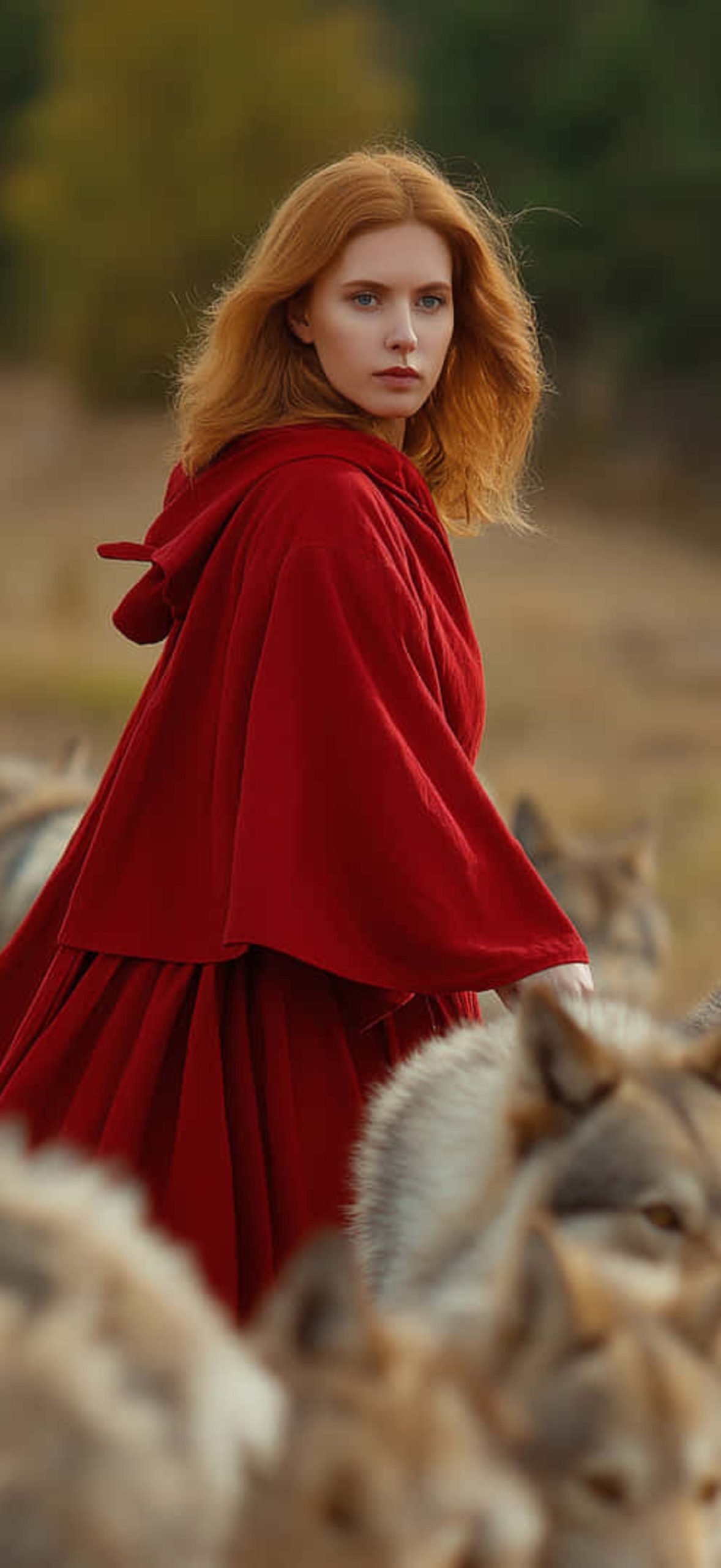 Red-haired Woman In Red Cloak Amidst Wolves In Autumn Field