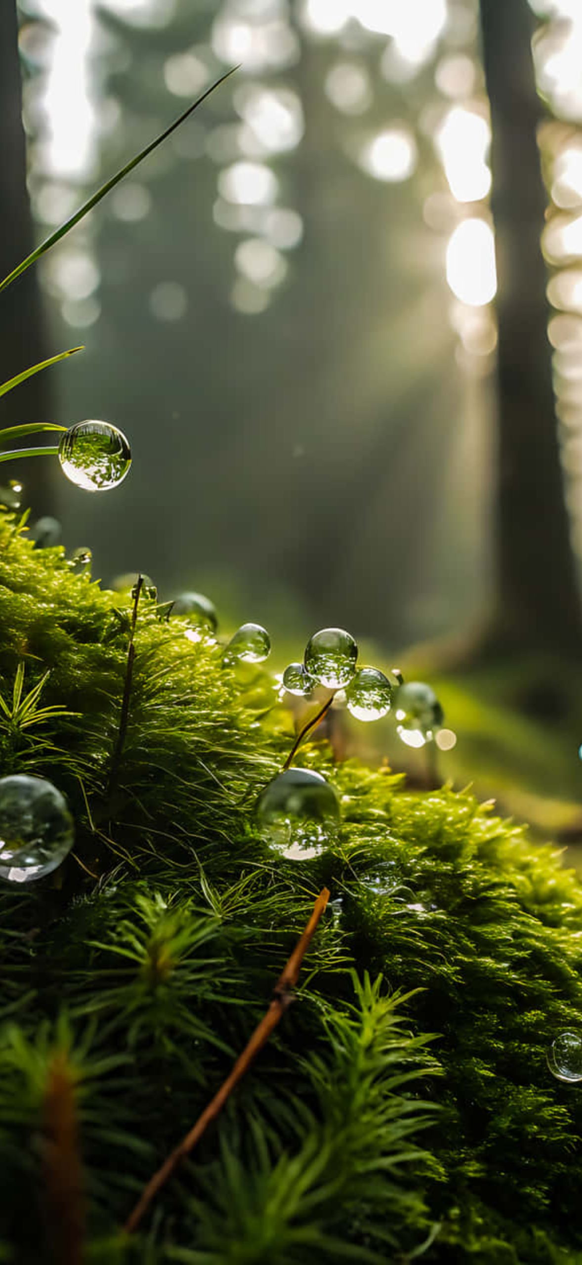 Mossy Forest Floor With Water Droplets In Sunlight