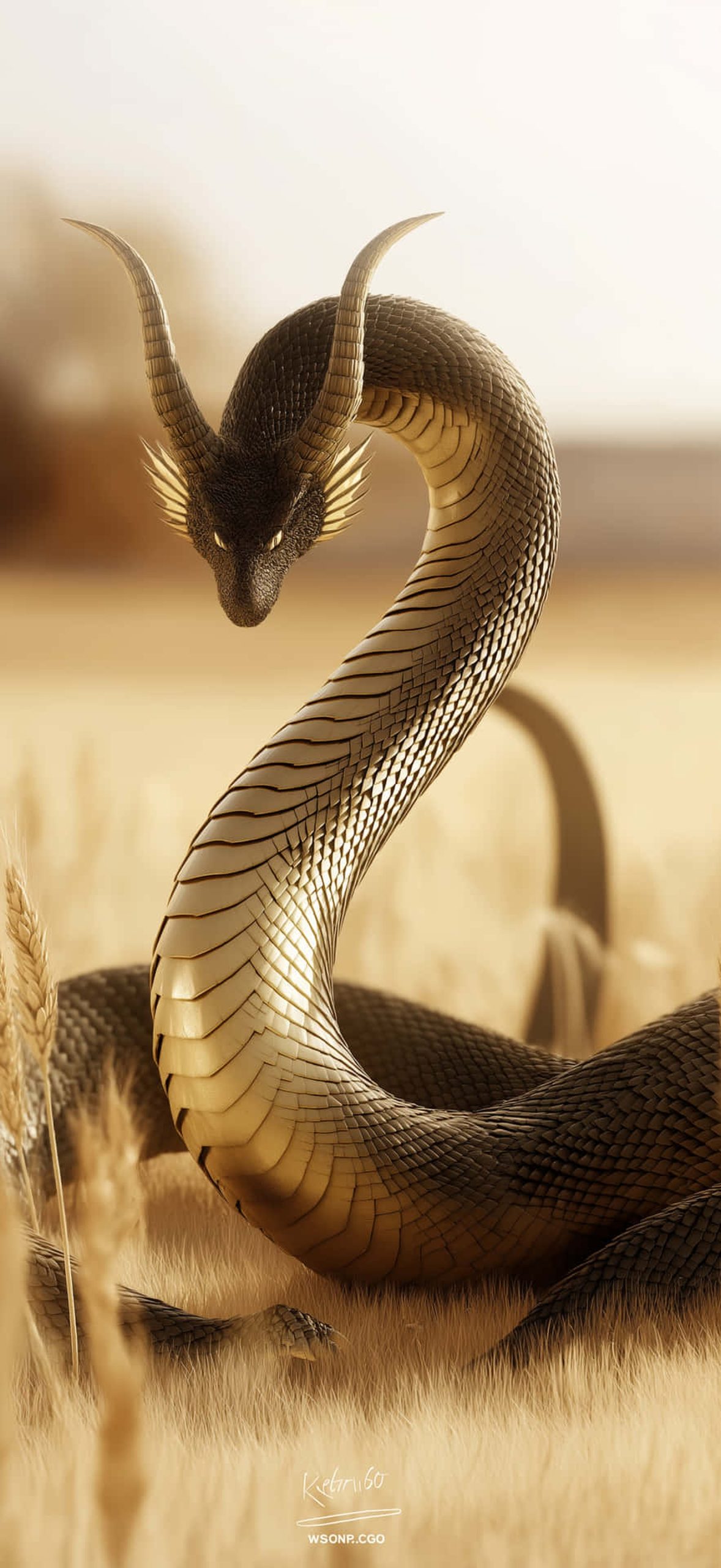Serpent Dragon Creature in Field with Horns and