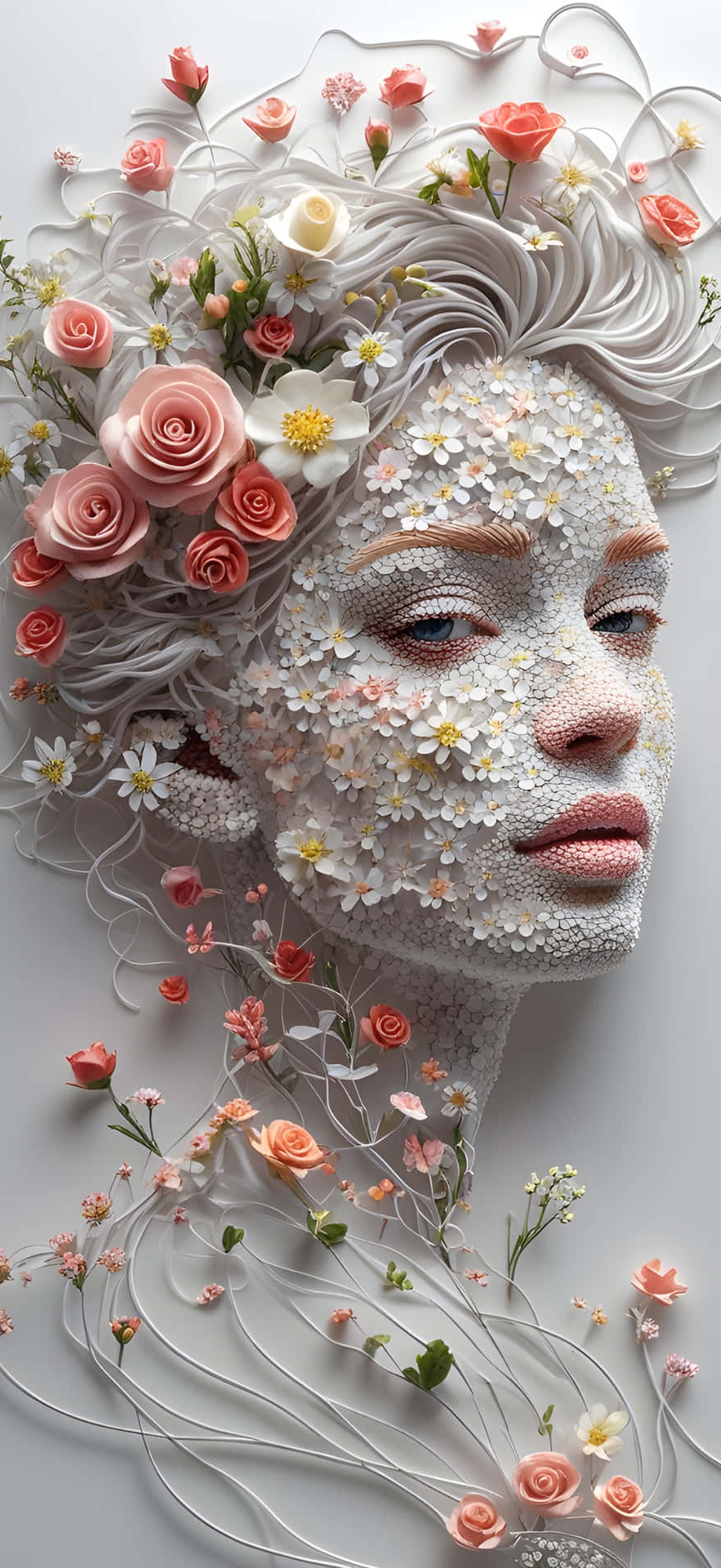 A woman's face and hair made of paper flowers and petals in soft peach and white tones.