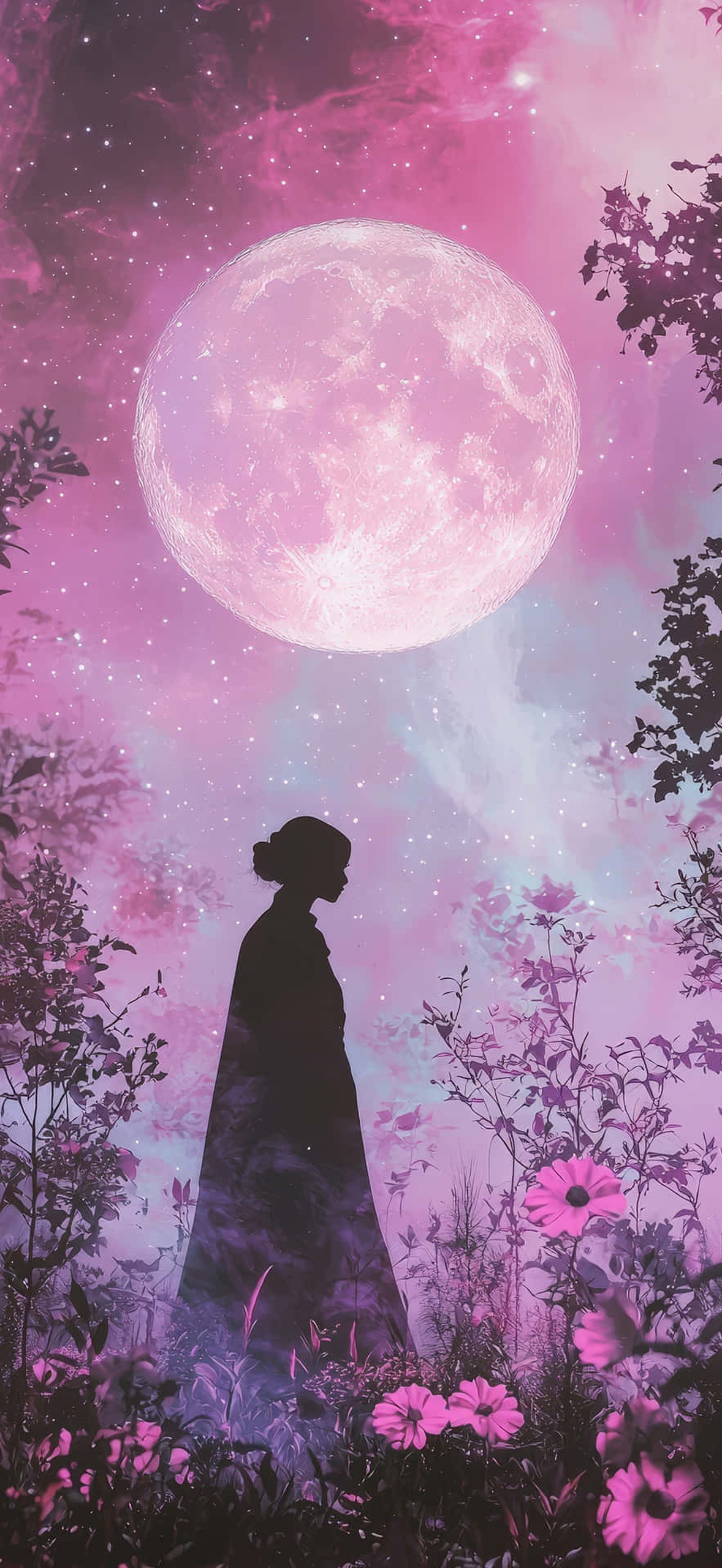 Silhouette of a woman standing among pink flowers under a glowing moon.