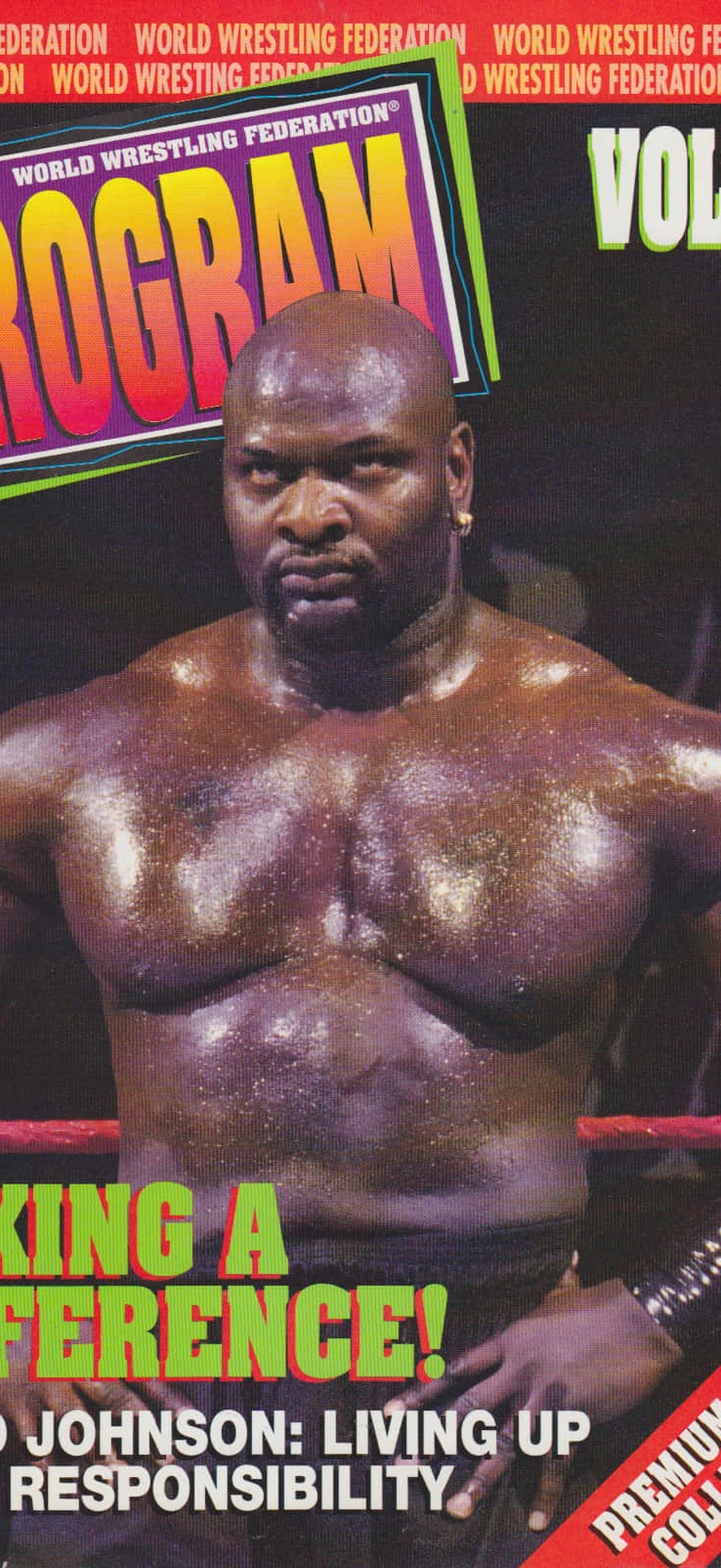 Wrestler Ahmed Johnson on WWF program cover with bold text and ring ropes.