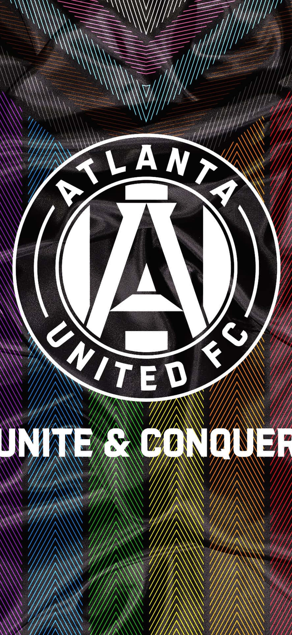 Atlanta United FC soccer team logo with 'Unite & Conquer' slogan on colorful striped background.