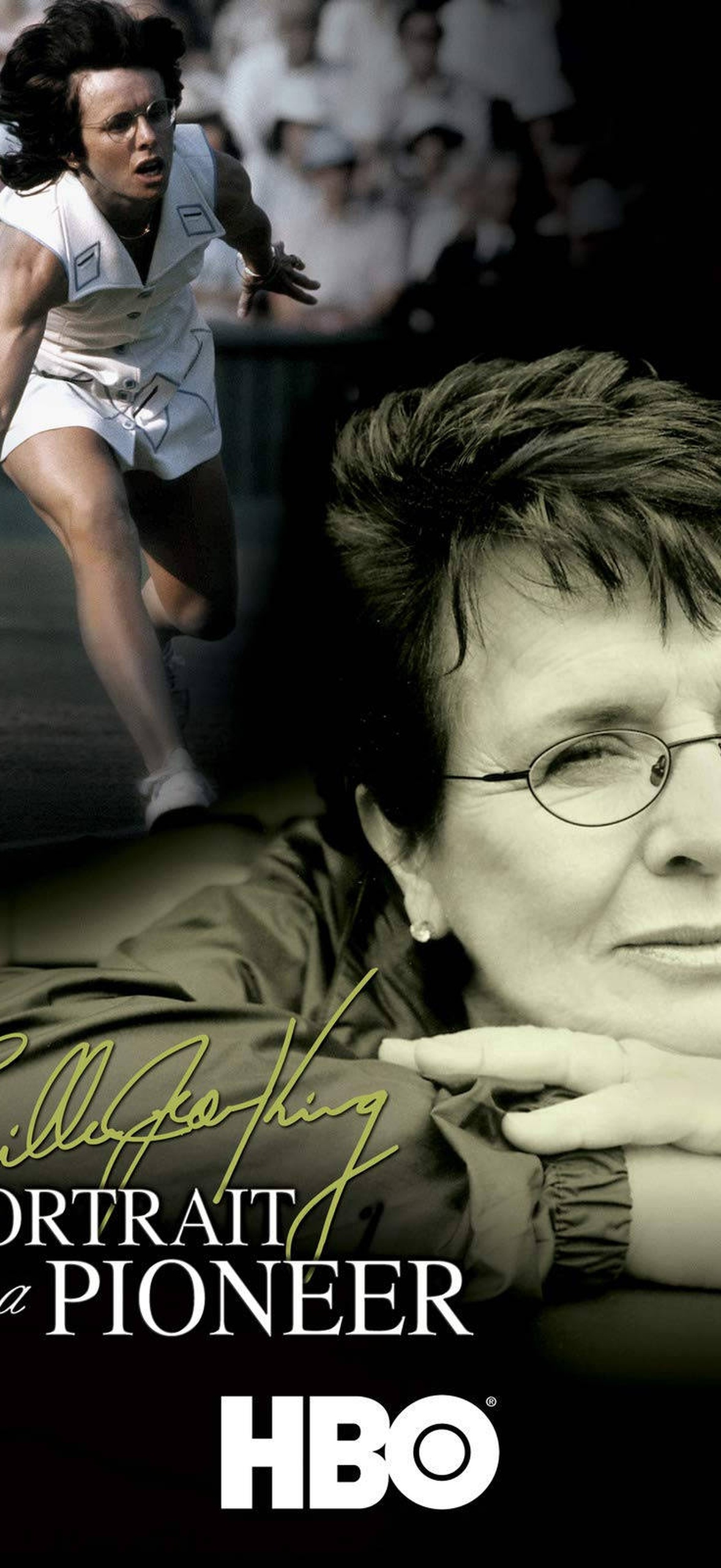 Billie Jean King tennis player and portrait of pioneer with HBO logo