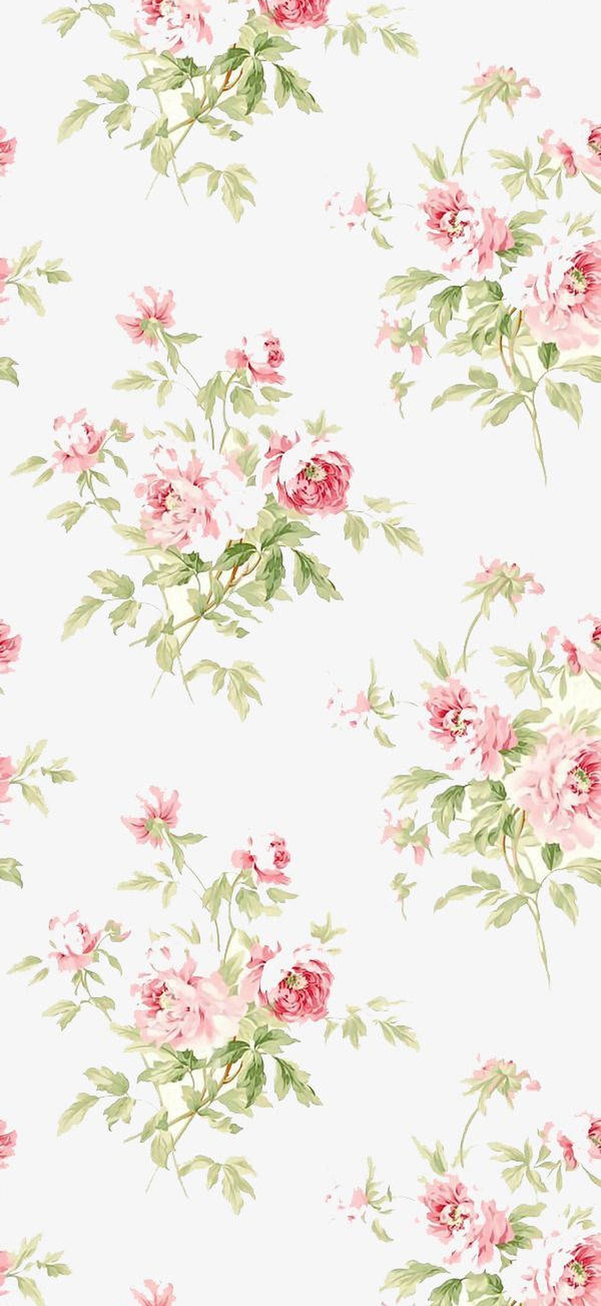 Vintage floral wallpaper with pink peonies and green leaves on cream background
