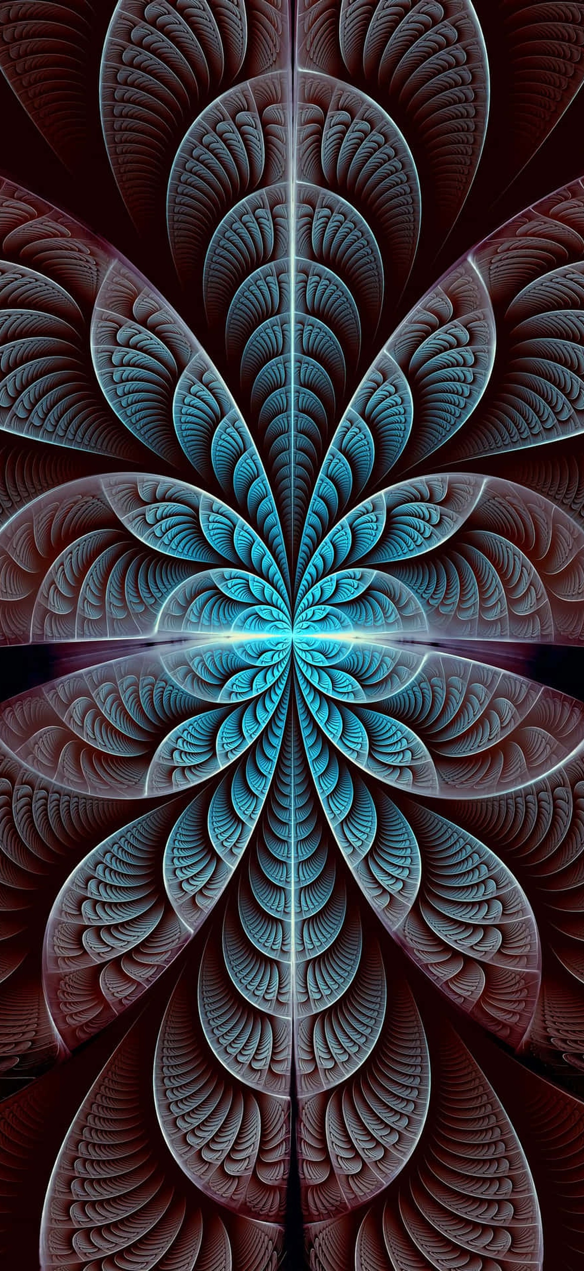 Symmetrical fractal flower with glowing cyan petals on a maroon background.