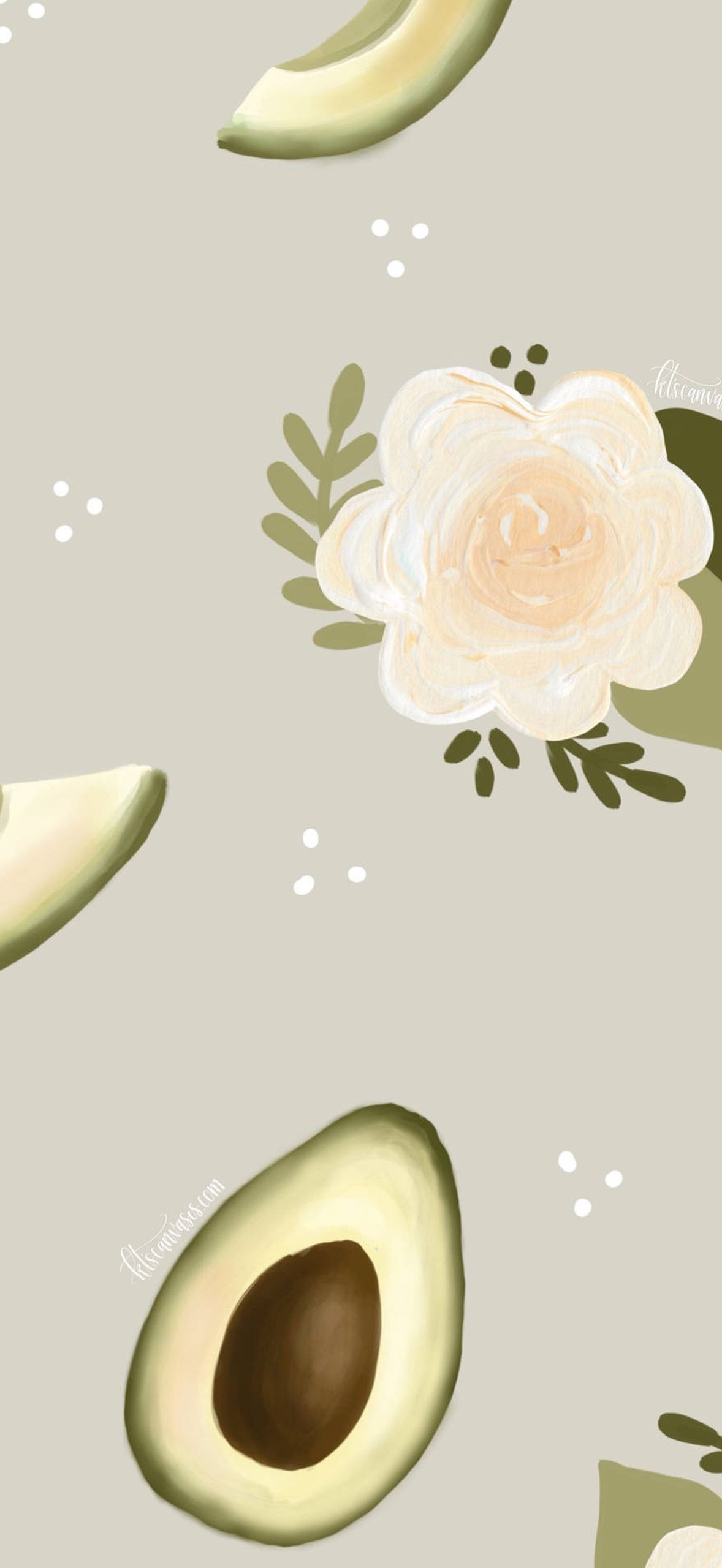 Repeating pattern of sliced avocados and cream roses on beige background.