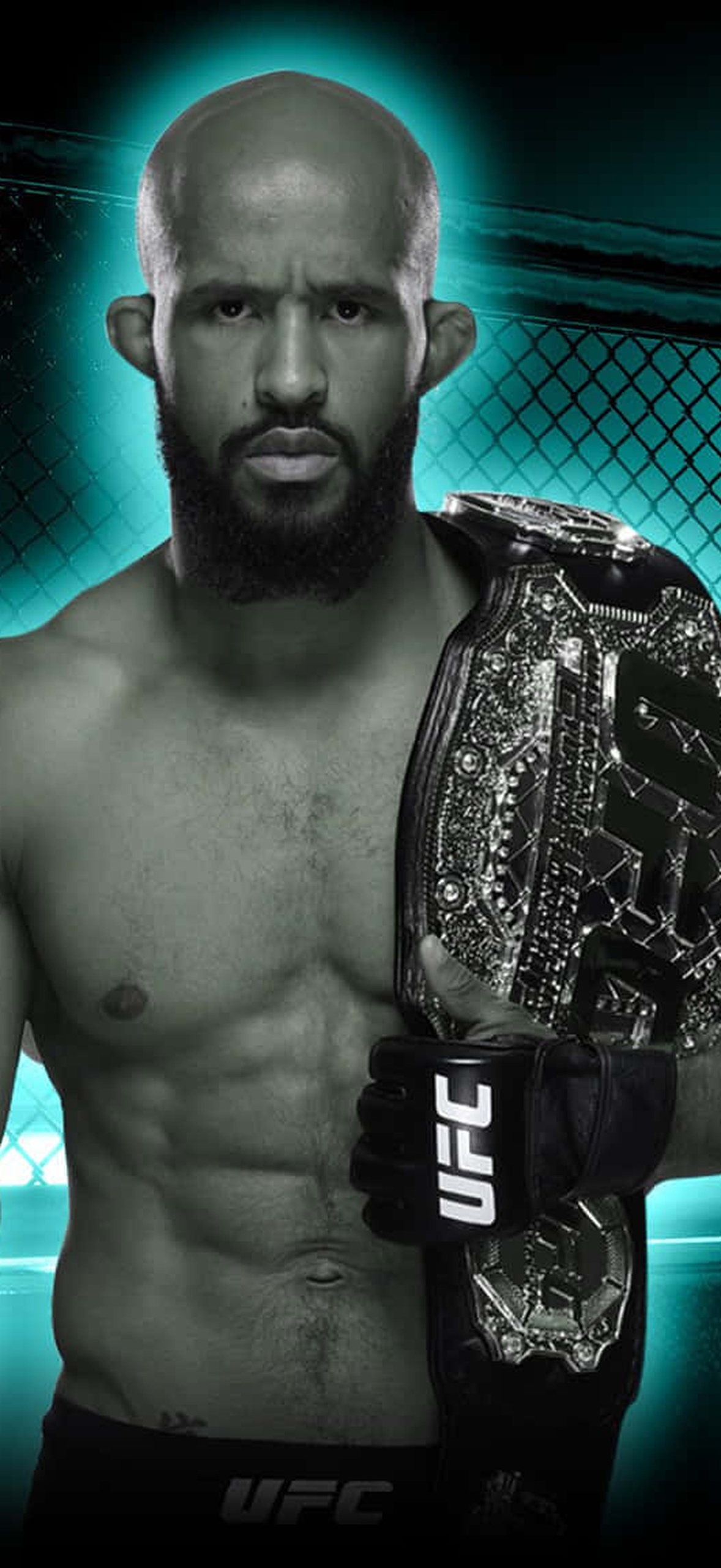 Five UFC fighters in fighting stance with championship belt under glowing teal light.