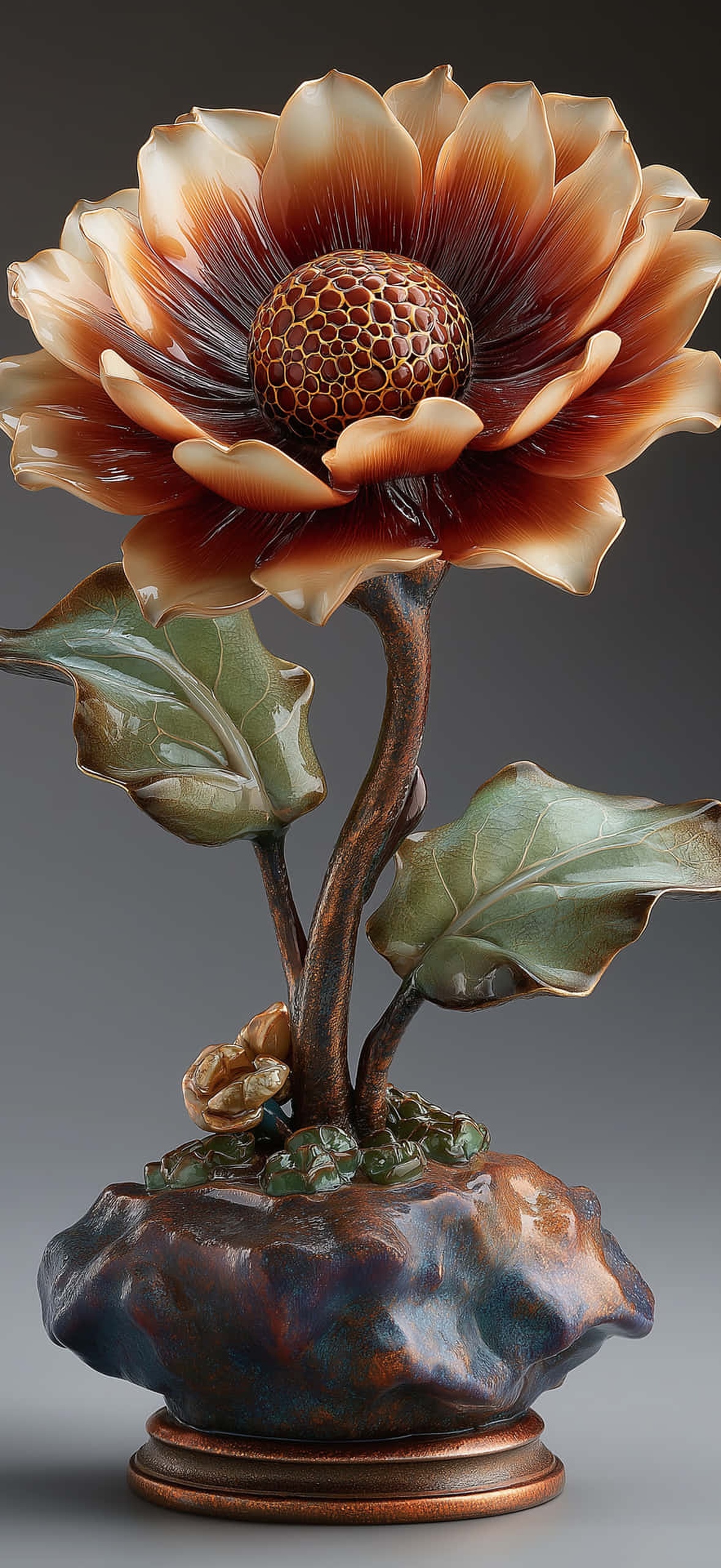 A ceramic sunflower sculpture with gradient petals and textured center on a rocky base.