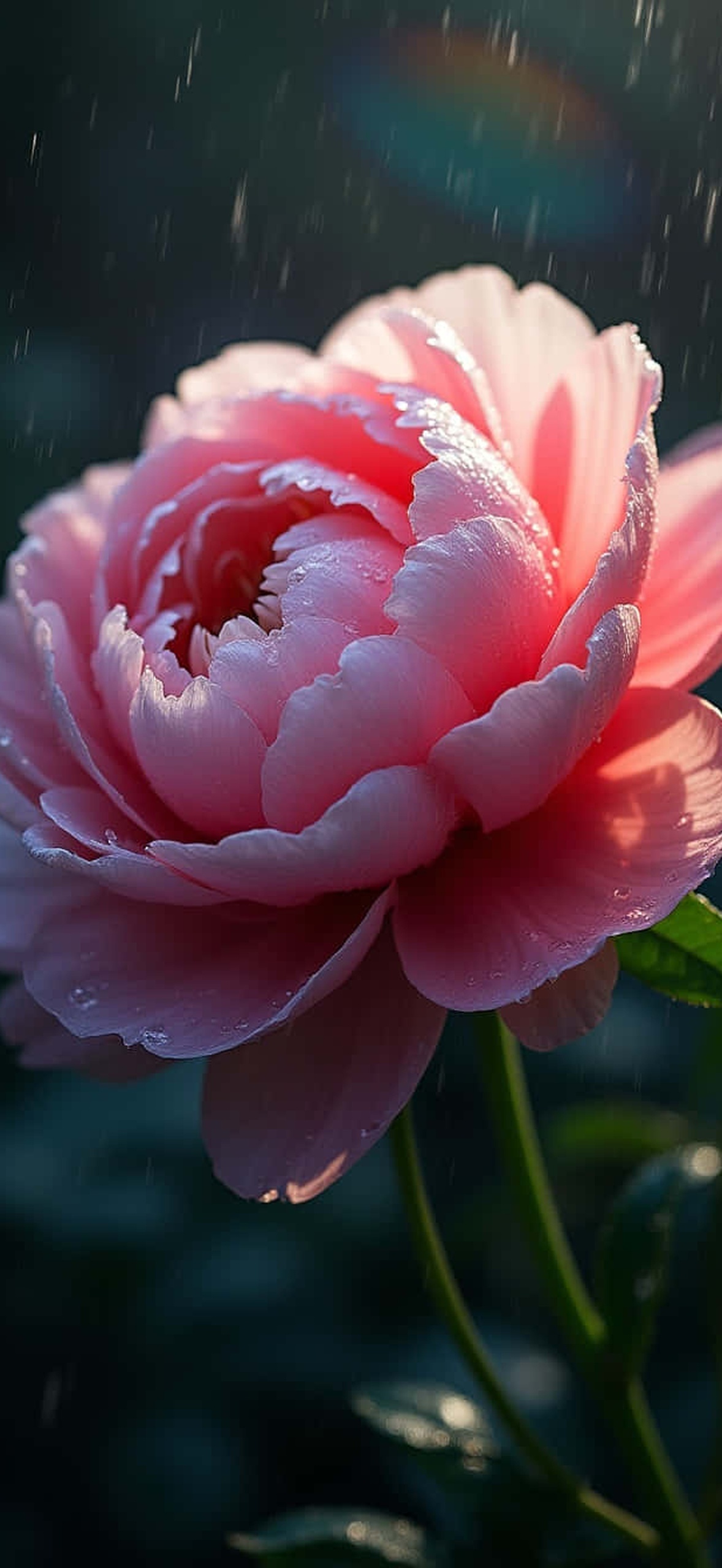Pink peony flower with raindrops glowing in backlight