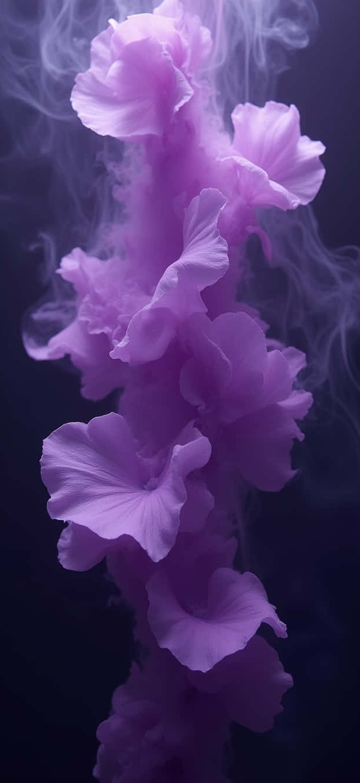 Lavender petals float in swirling smoke against a dark background.
