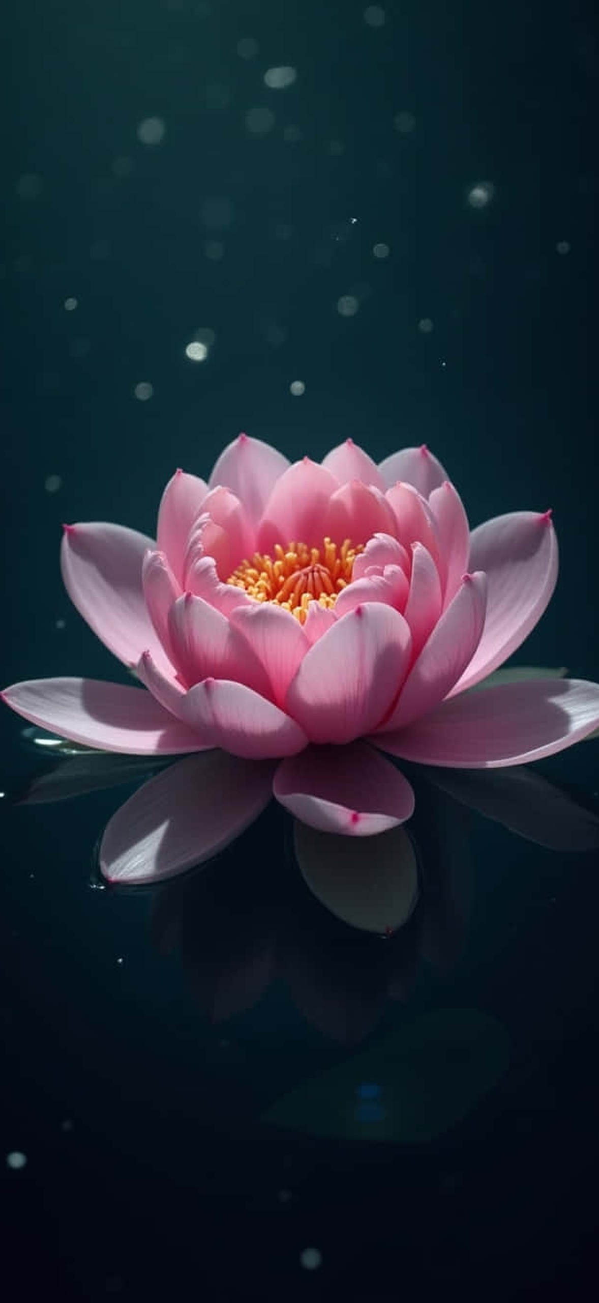 Pink water lily floating on dark water with light particles