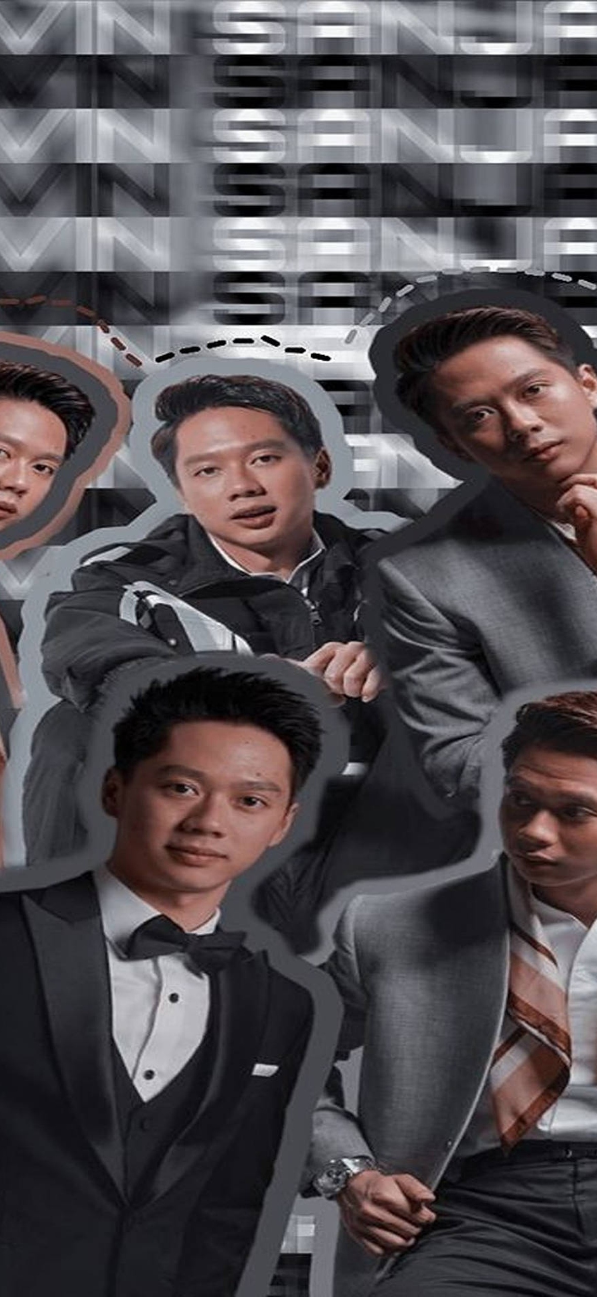 Five men in stylish outfits against a glitchy digital background.