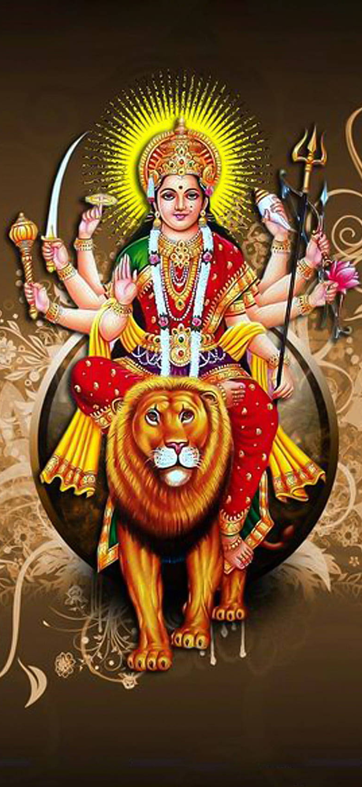 Goddess Durga with multiple arms riding a lion, holding weapons and a lotus, radiant halo.