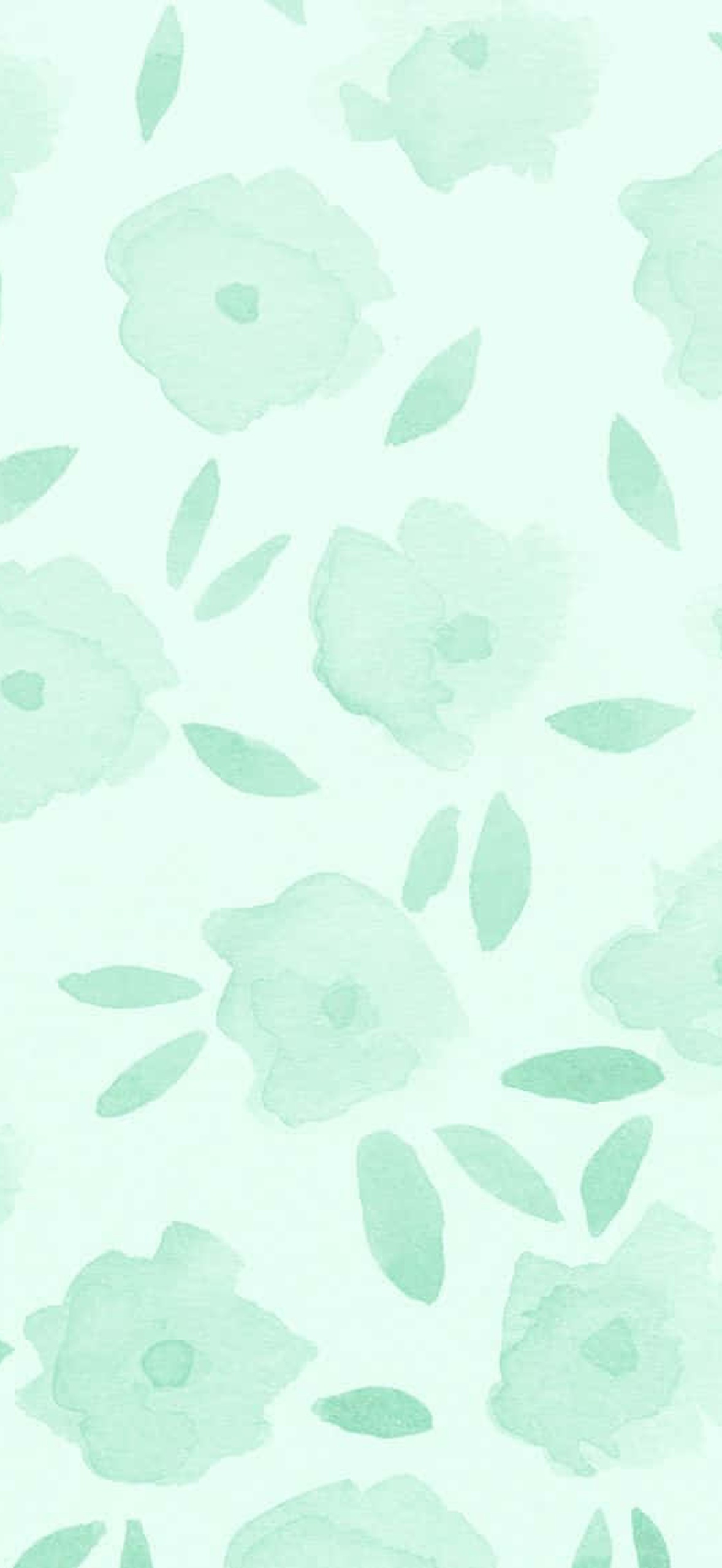 Mint green watercolor floral pattern with scattered leaves on pale background.