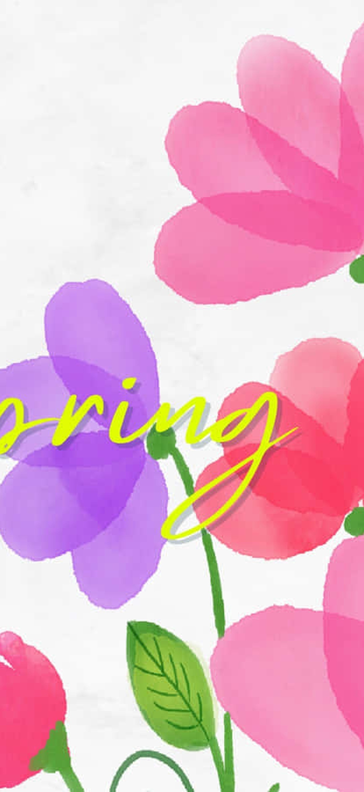 Colorful spring flowers with 'Love Spring' text in yellow watercolor style.