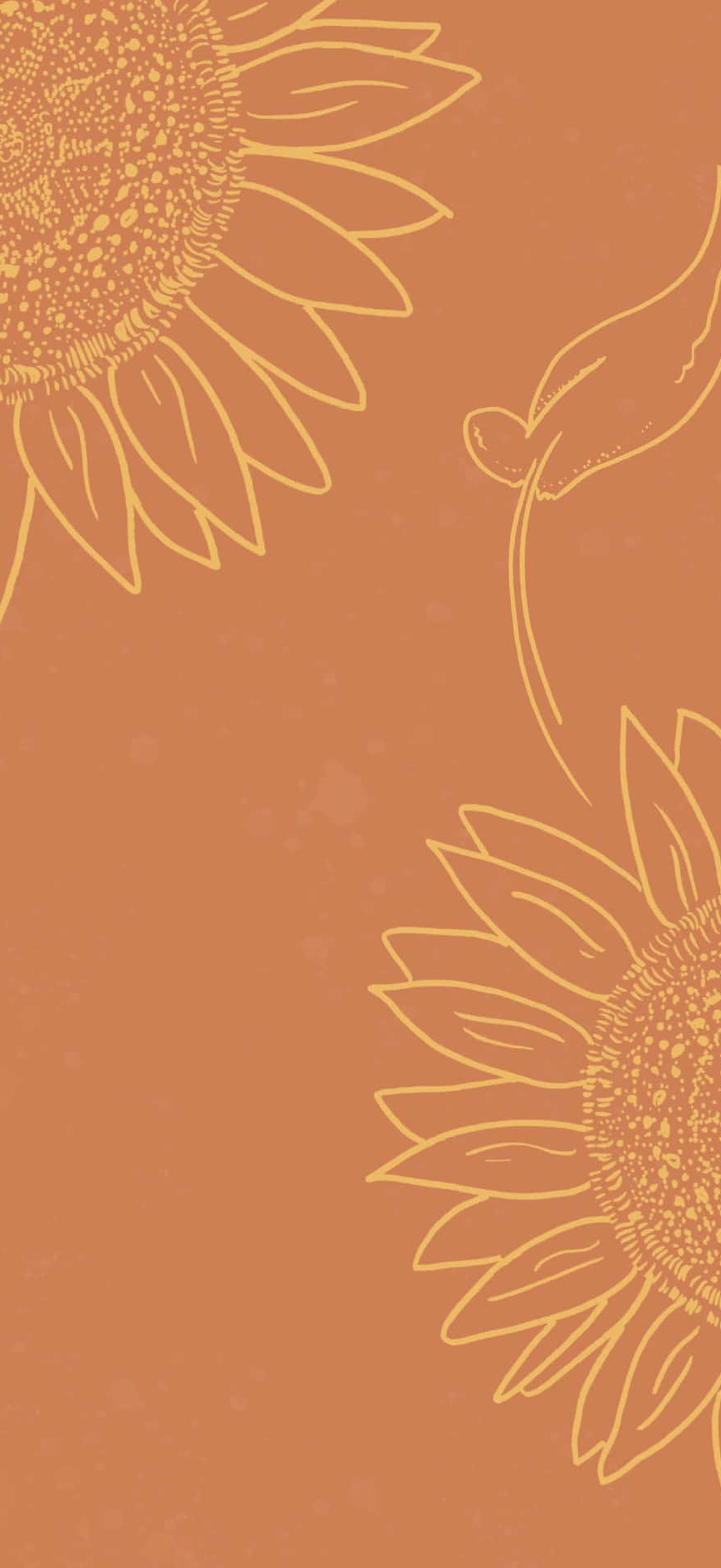 Two outlined sunflowers on a textured terracotta background.