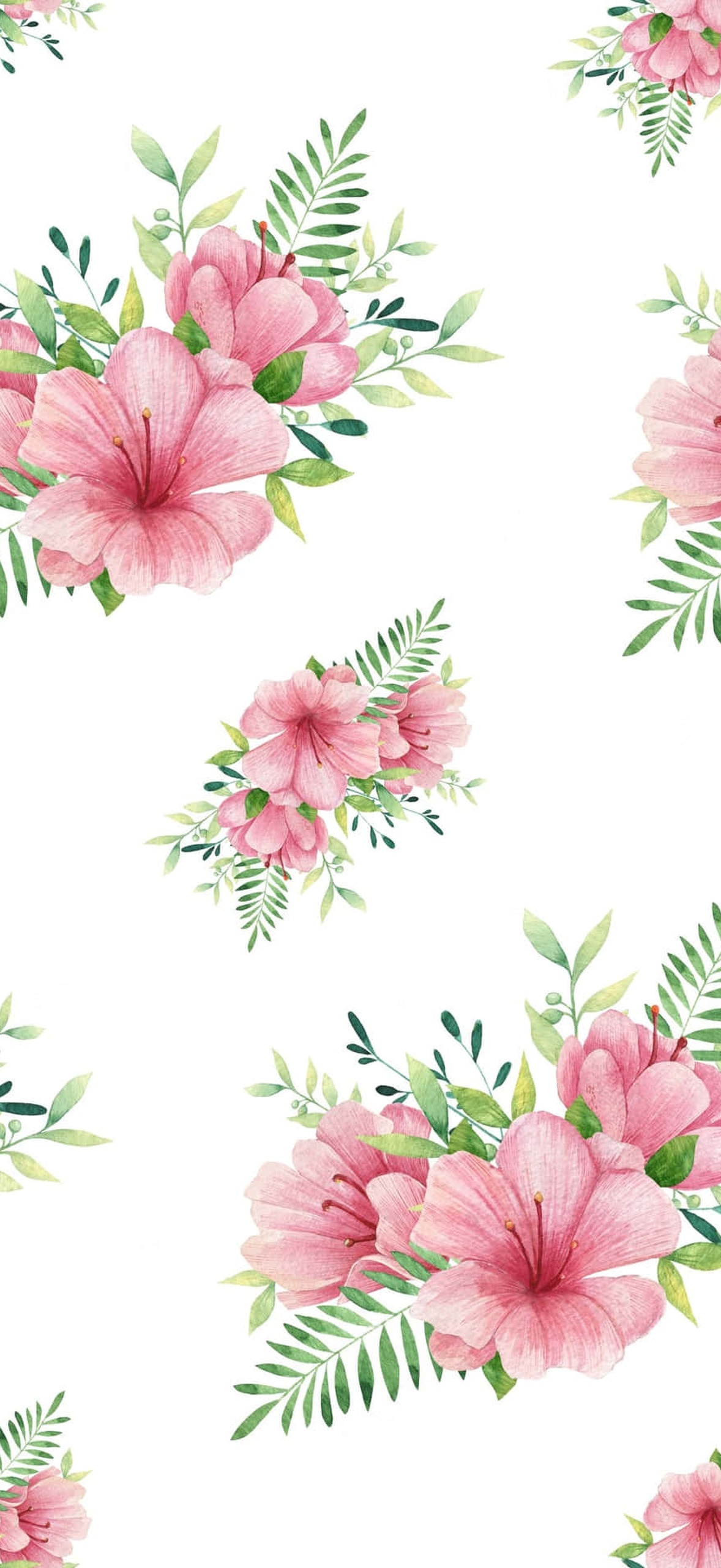 Watercolor floral pattern with pink hibiscus and green leaves on white background.